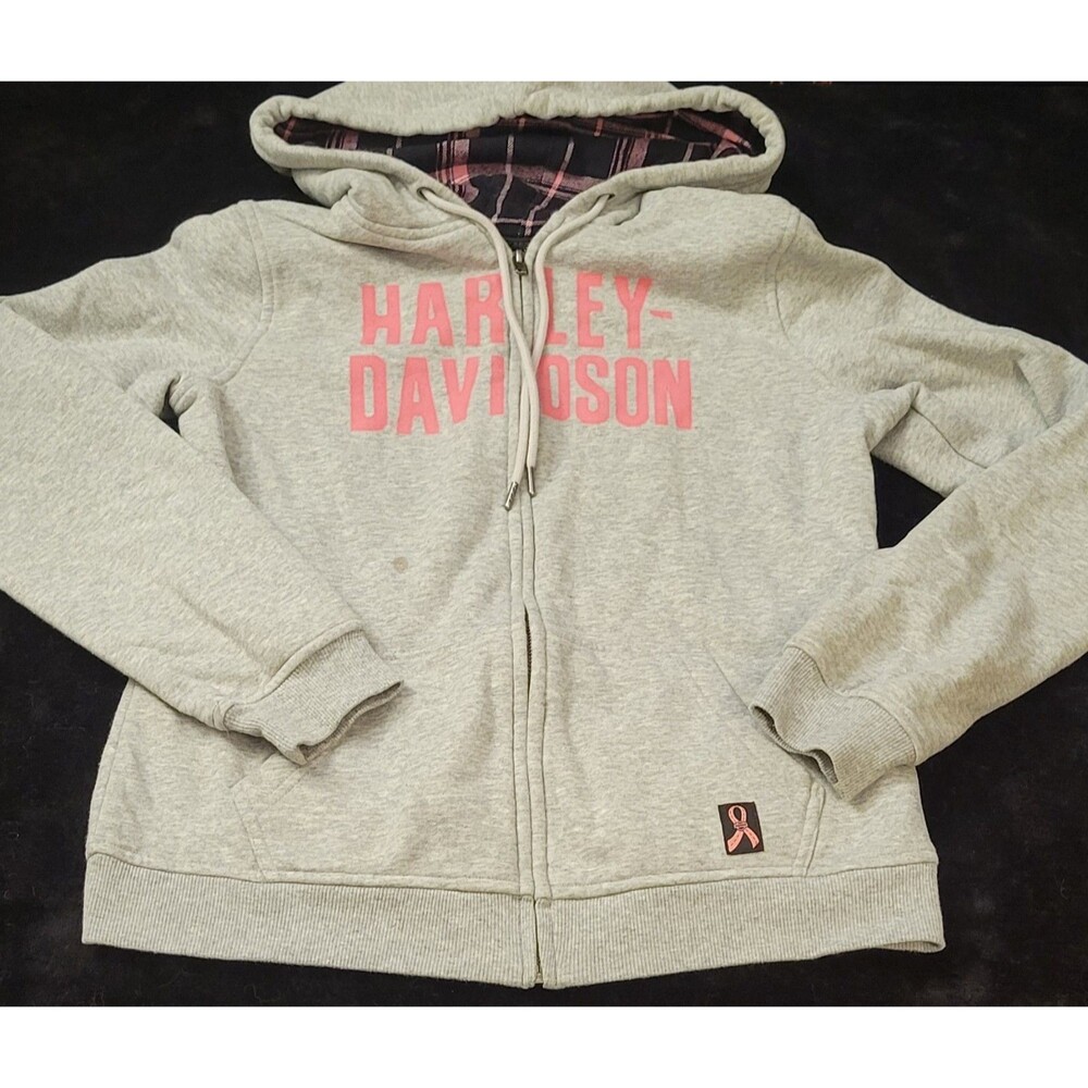 Woman's Harley Davidson Gray With Plaid Hoodie Zip Up Woman's Size Small